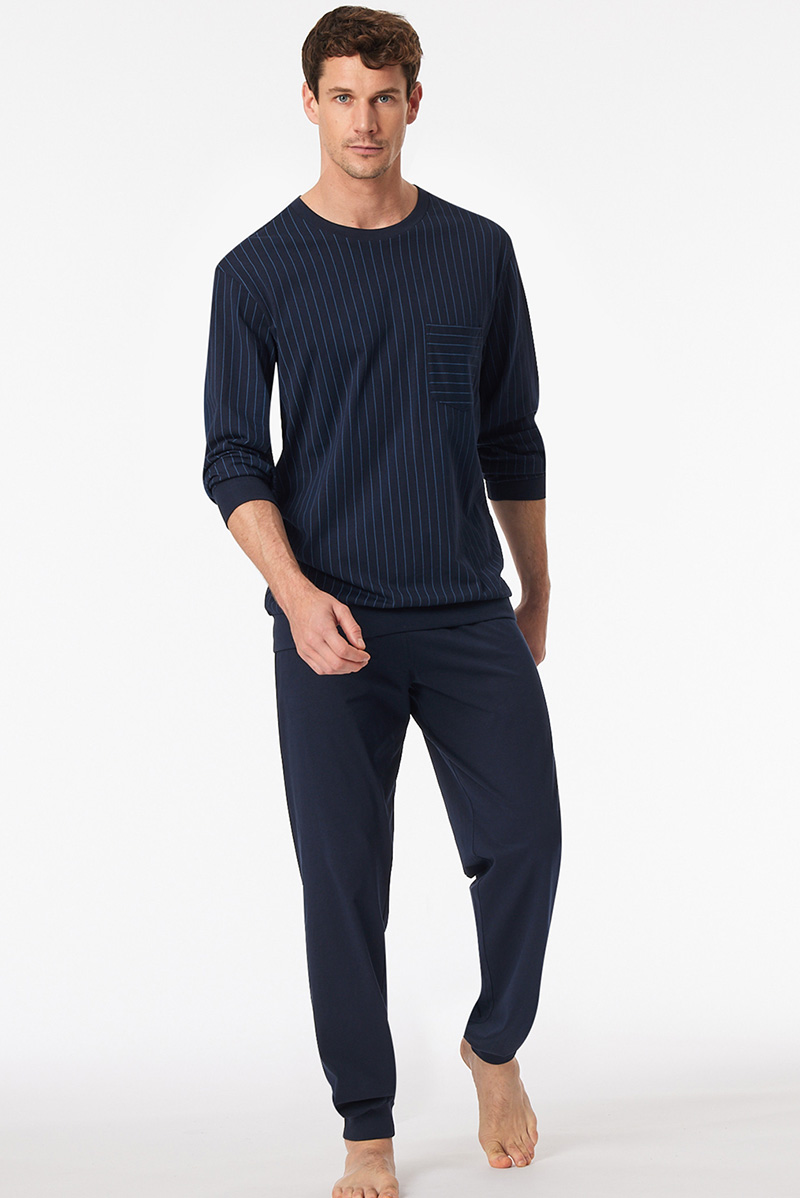 Schiesser Pyjama blauw met boord  