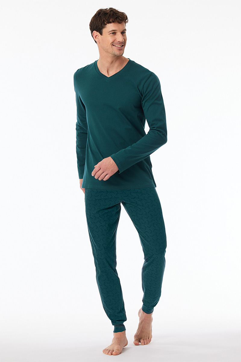 Schiesser Pyjama petrol met V-hals 